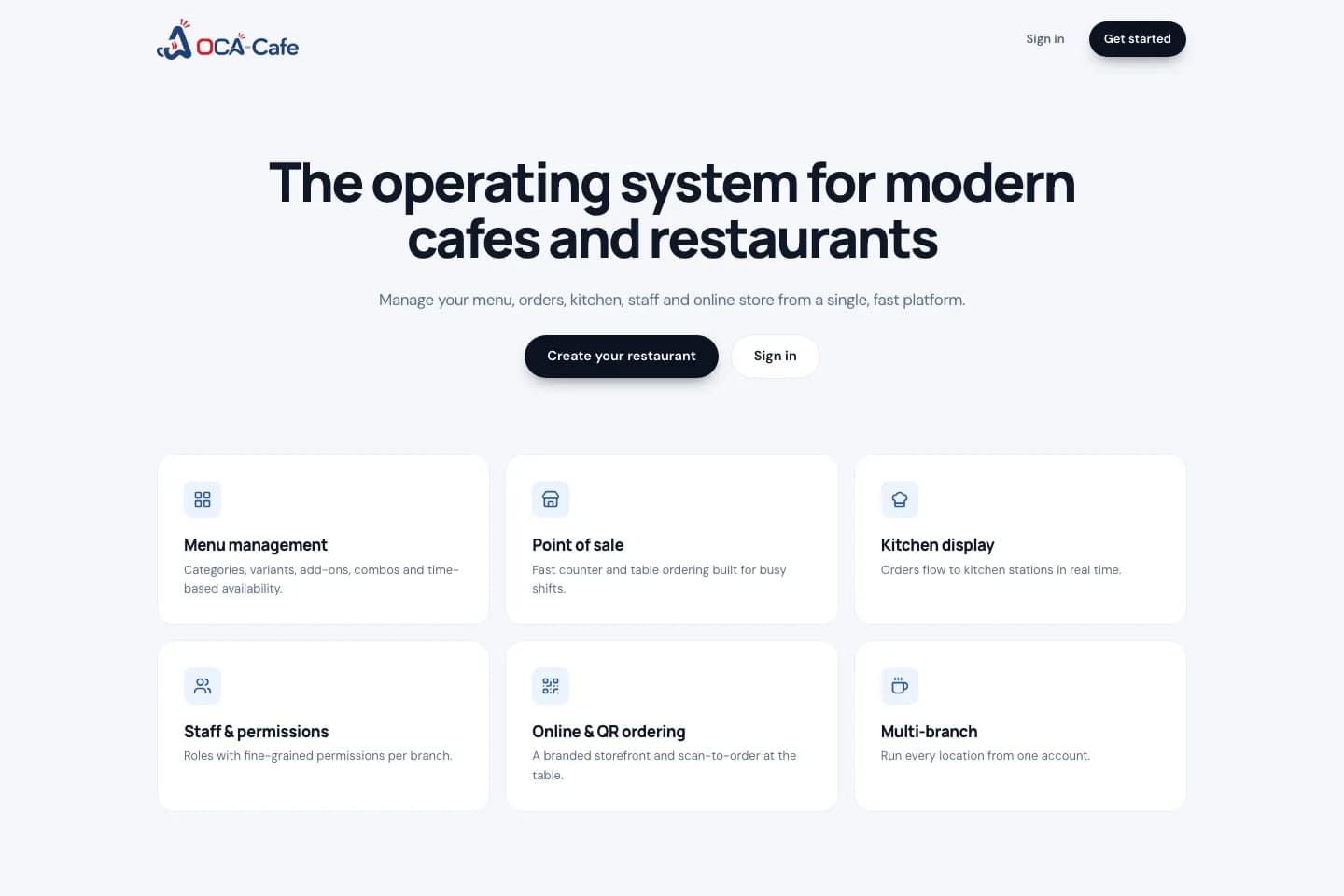 The OCA Cafe home page: point of sale, kitchen display, online and QR ordering, and multi-branch management.
