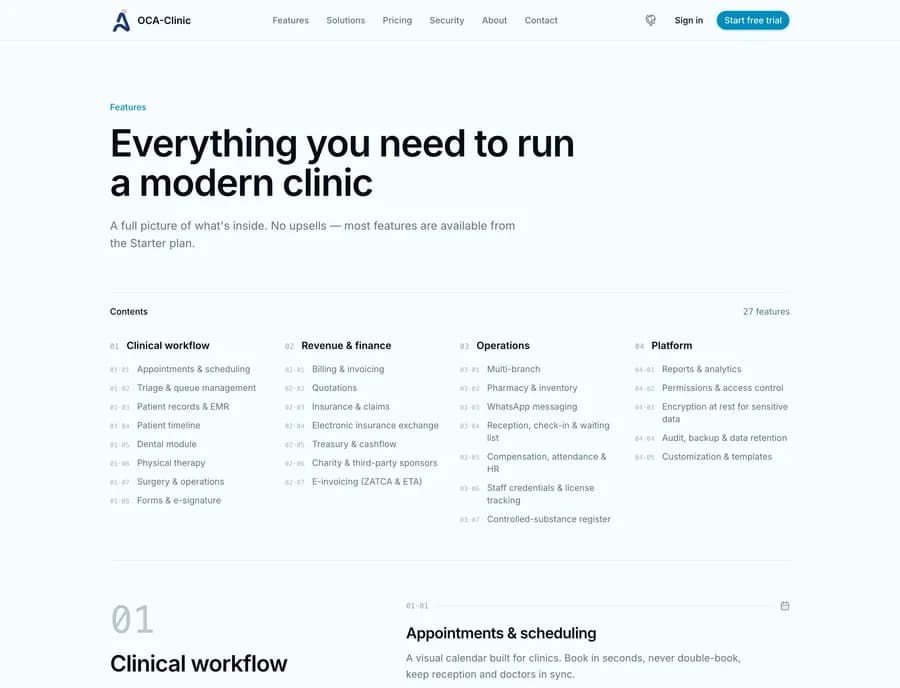 The OCA-Clinic feature breakdown, covering records, pharmacy, and e-invoicing.