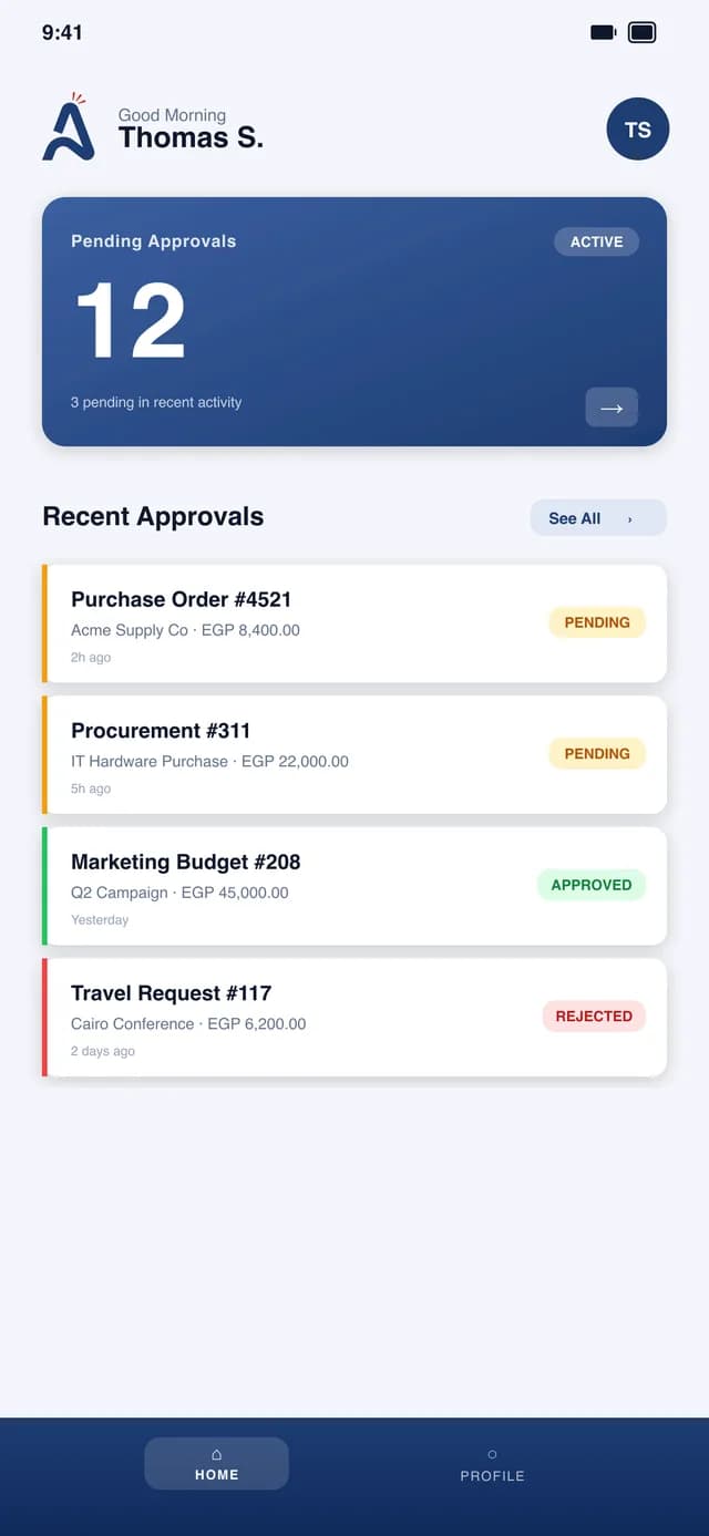 The OCA Approvals home screen: twelve pending approvals and recent requests with their statuses.